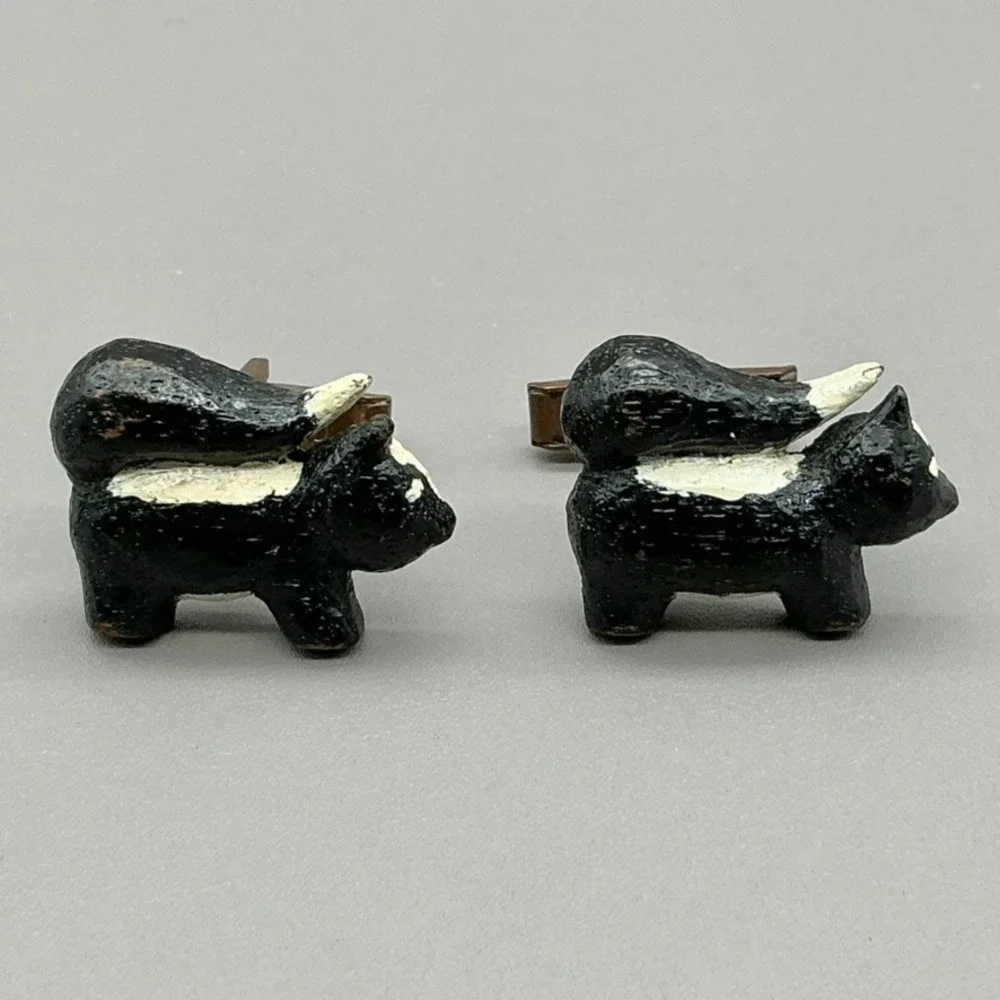 Vintage Skunk Cufflinks Hand Painted Figural Black White Wood Novelty Pat Pend